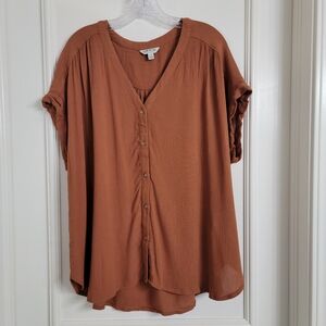 Orvis Women's Burnt Orange Button-Down Blouse Short Sleeve Oversized. Sz- XL